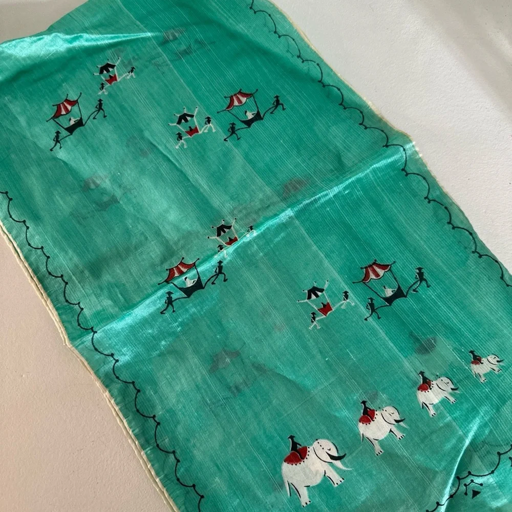 Vintage Hand Printed & Rolled Japanese Shantung Silk Scarf Elephants 11x38